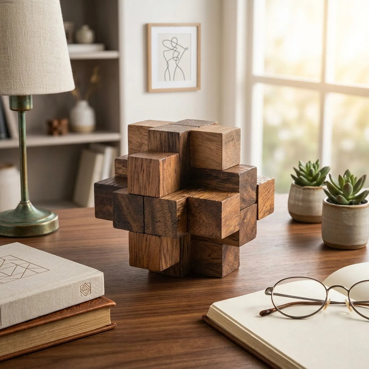 Wooden Diamond Cube 2 Puzzle Mechanical Brain Teaser Office Decor