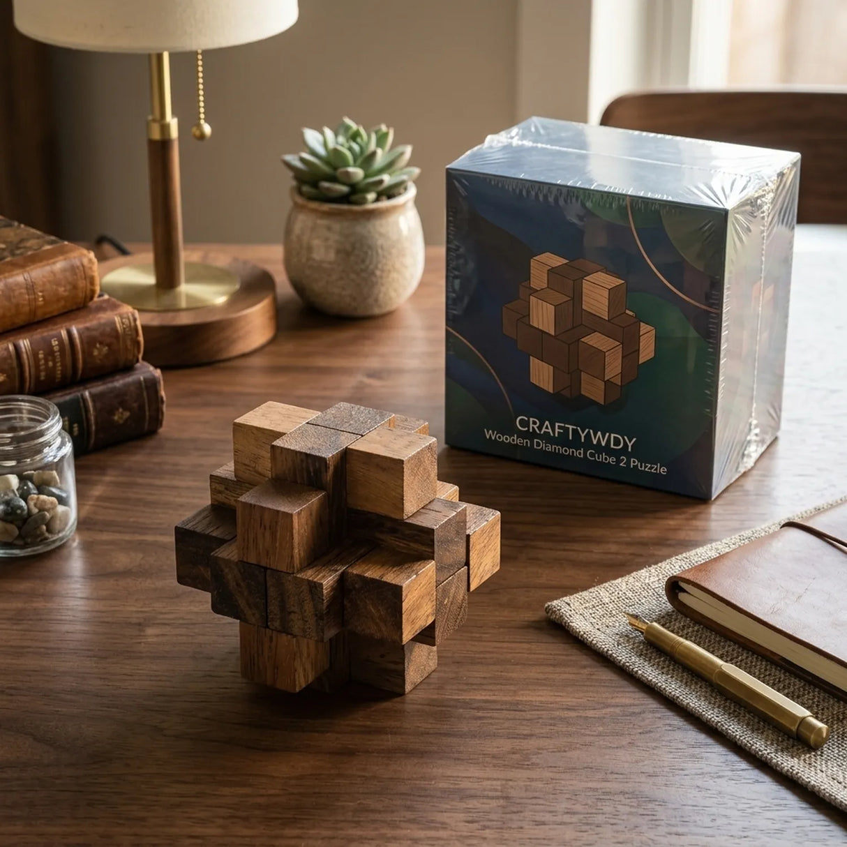 Wooden Diamond Cube 2 Puzzle Mechanical Brain Teaser Office Decor - View 4